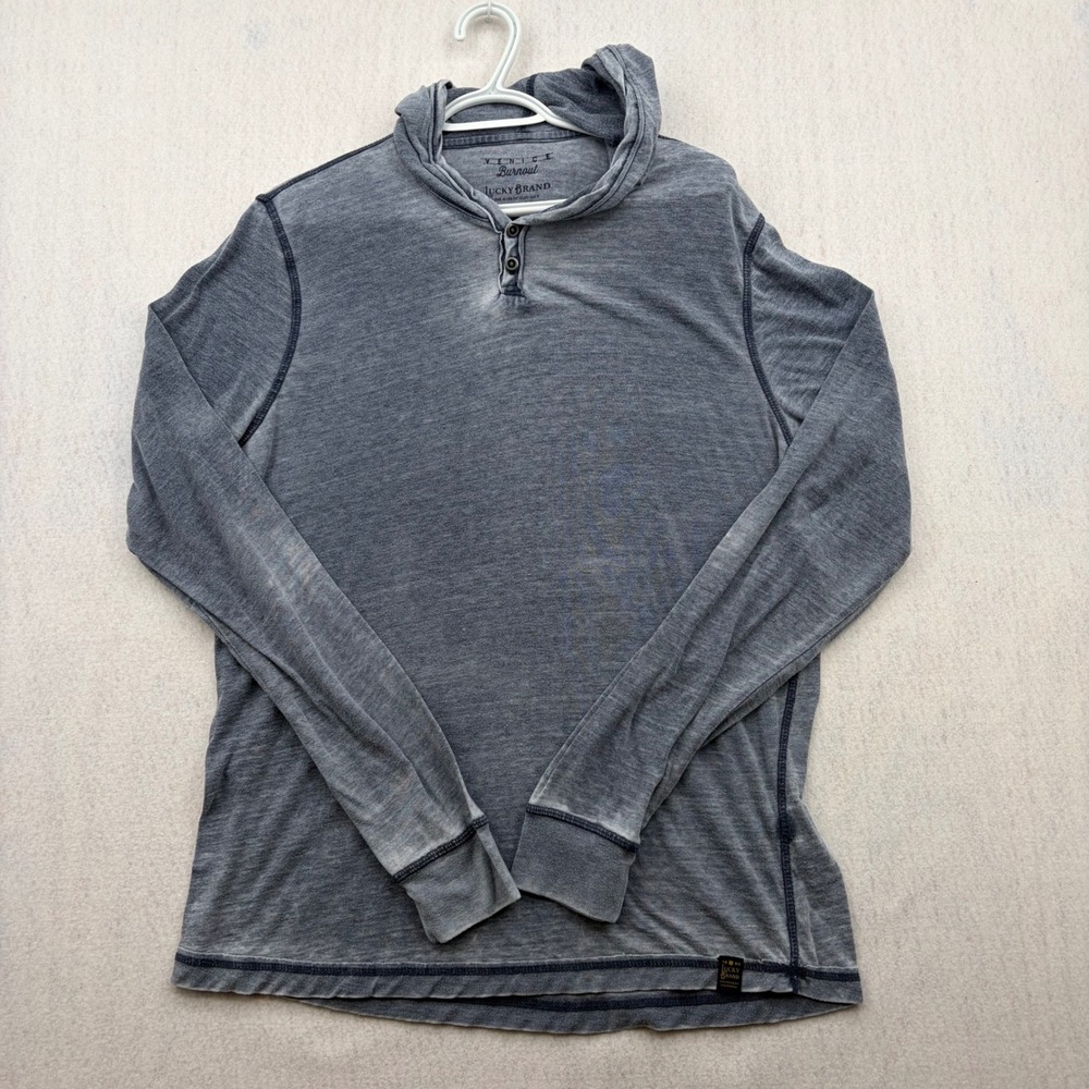 Lucky Brand Venice Burnout Hoodie Mens Large Blue Henley Long Sleeve Shirt